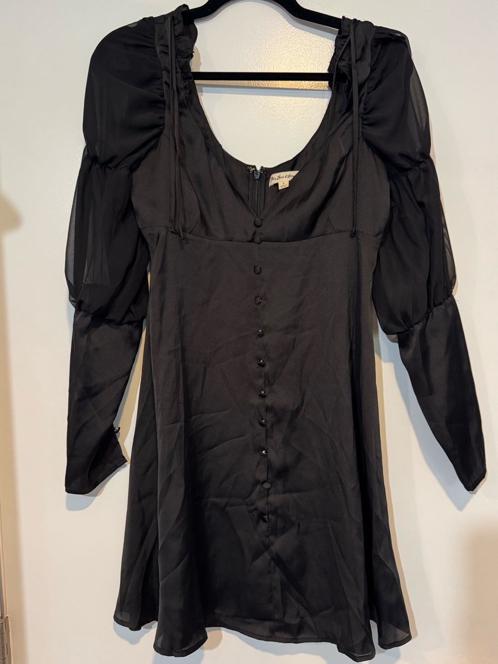 For Love & Lemons Black Satin Puff Sleeve Button Front Mini Dress Small